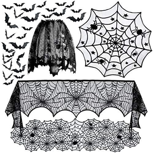 5pack Halloween Decorations Tablecloth Runner Black Lace Round Spider Cobweb Table Cover Fireplace M | Amazon (US)