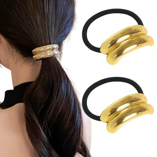 2PCS Metal Ponytails Hair Cuffs, Gold Geometric Hair Ties Fashion Glossy Arch Ponytail Hair Tie for Women Hair Accessories（Gold & Sliver） | Amazon (US)