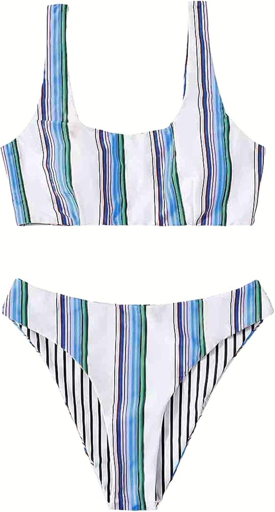SweatyRocks Women's Swimwear Set Solid Scoop Neck High Waisted Bikini Swimsuits | Amazon (US)