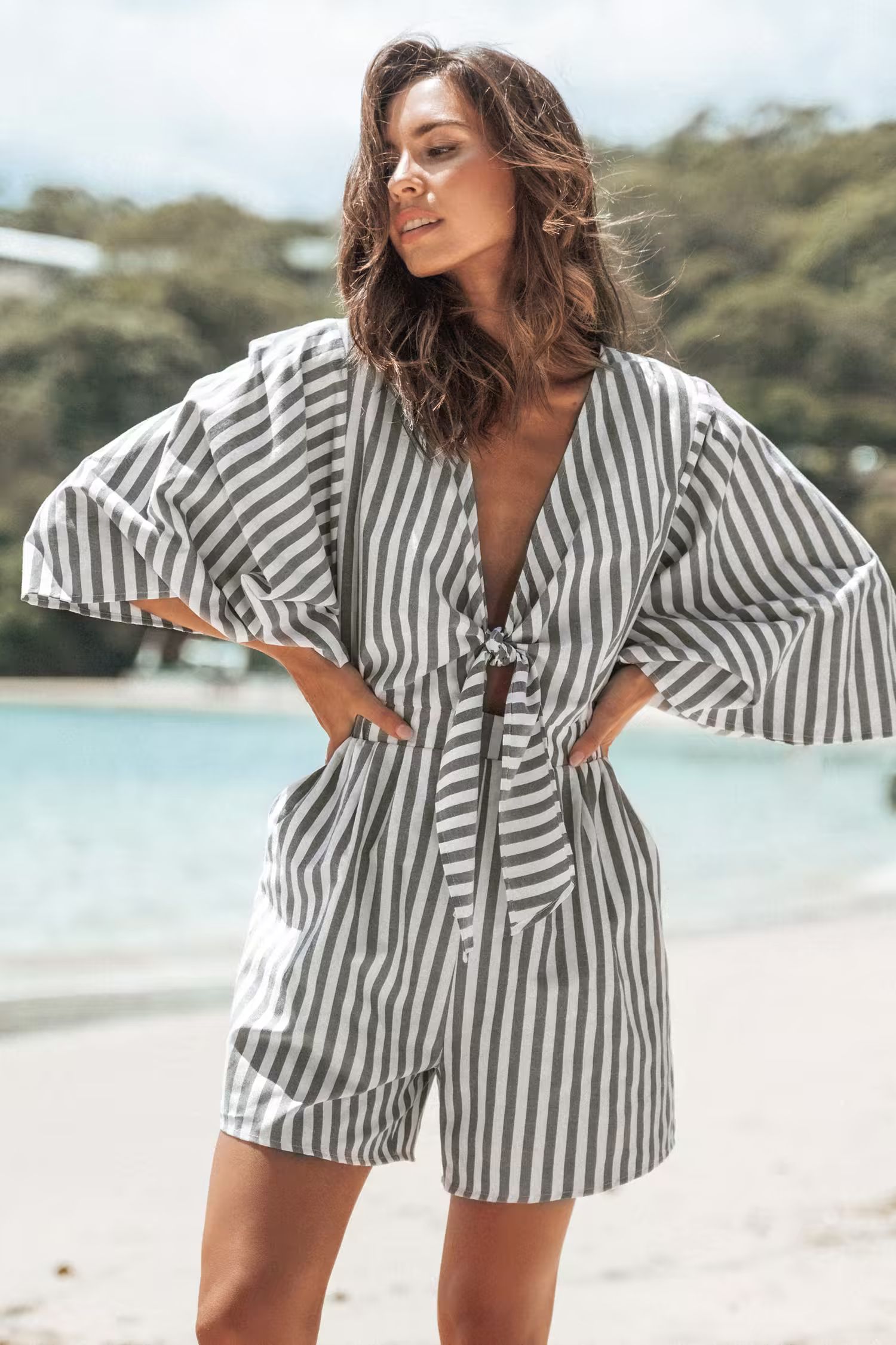 Tess Striped Bow Front Romper | Cupshe US