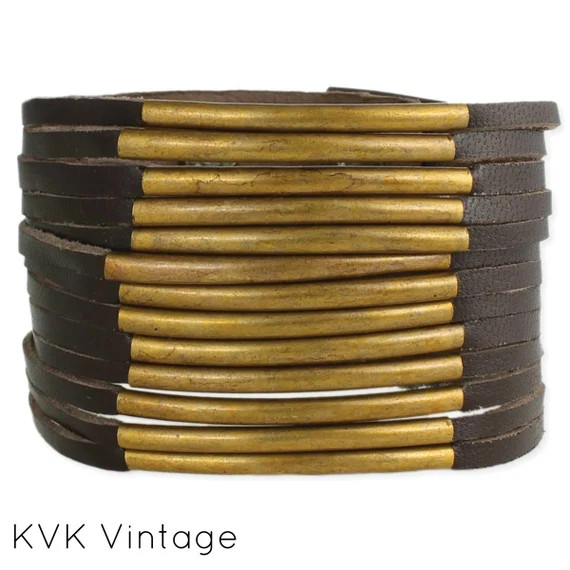 Brown Leather & Gold Bar Wide Cuff Bracelet Boho Bracelet - Etsy | Etsy (US)