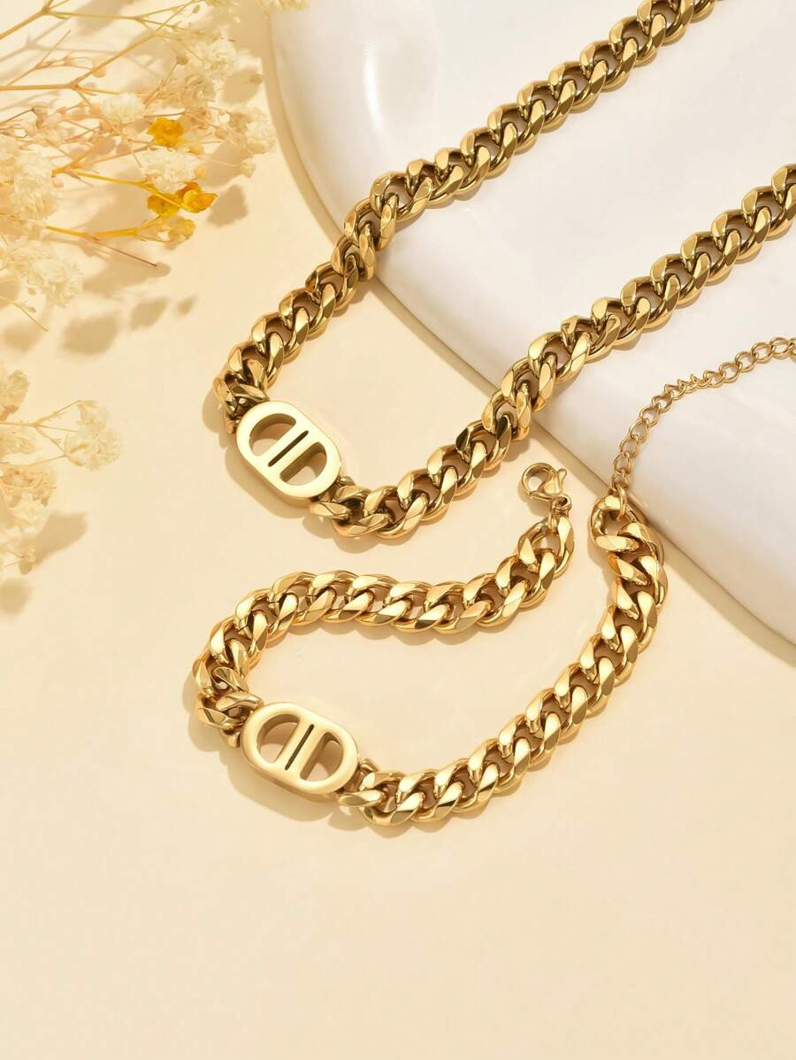1set Fashionable Double D Chain Stainless Steel Necklace & Bracelet Set, Gender-Neutral, High-End... | SHEIN