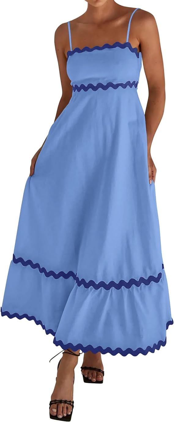 dowerme Women Summer Dresses 2024 Spaghetti Straps Sleeveless Smocked Rickrack Trim Boho Flowy Lo... | Amazon (US)