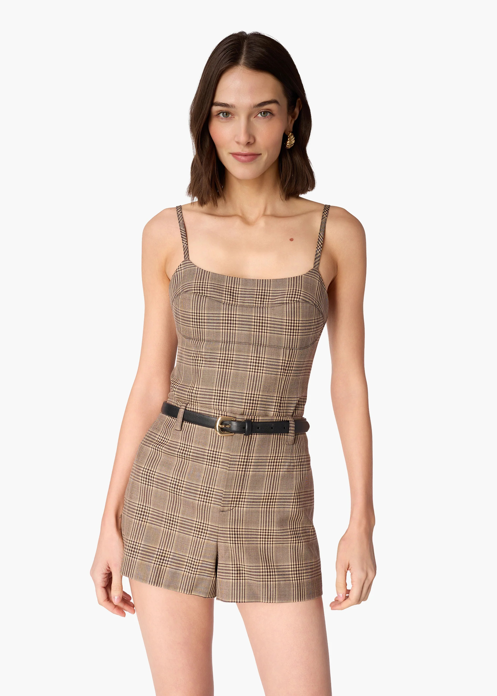 Shirley Bodysuit Beige Plaid | CAMI NYC