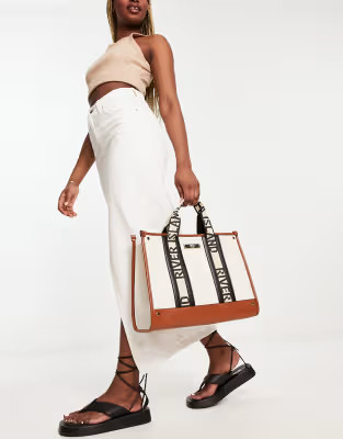 River Island canvas logo shopper bag in beige | ASOS (Global)