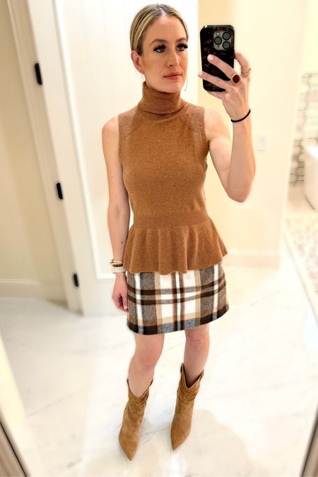 🦃 Thanksgiving Outfit 🦃 I’ve shared this skirt before and wore it again for a Friendsgiving outfit.  I paired it with a sleeveless peplum turtleneck from years ago and it coordinated perfectly with my new favorite booties. 😍 It was the perfect fall outfit. 🍁🍂 

#everypiecefits

#LTKover40 #LTKSeasonal #LTKstyletip