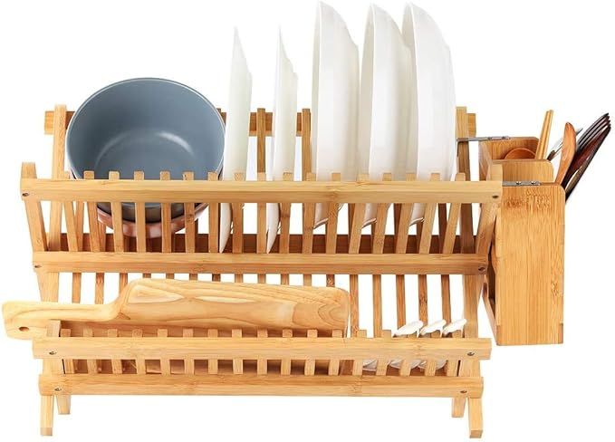 MOBJOY Bamboo Dish Rack with Utensils Holder Bamboo Folding 2-Tier Collapsible Drainer Dish Dryin... | Amazon (US)
