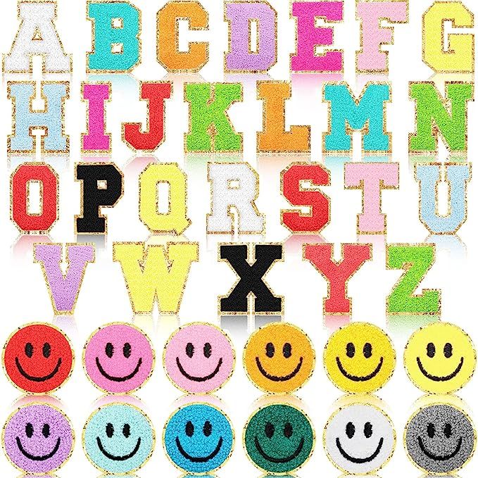 38 Pieces Iron On Letters A-Z Glitters Patches Chenille Letter Patches Love Smile Face Patches Al... | Amazon (US)
