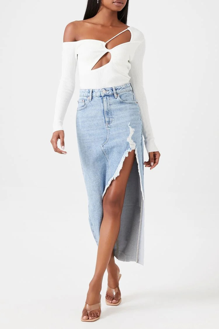 Women's Frayed Denim Midi Skirt in Light Denim, XL | Forever 21