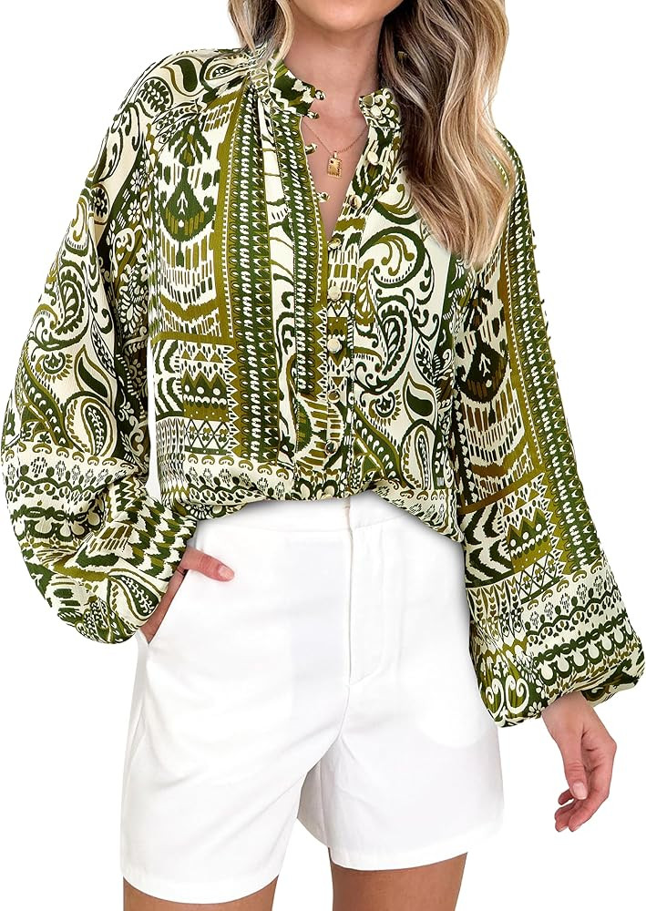 MASCOMODA Womens Boho Floral Print Fall Tops Dressy Casual V Neck Button Down Lantern Long Sleeve... | Amazon (US)