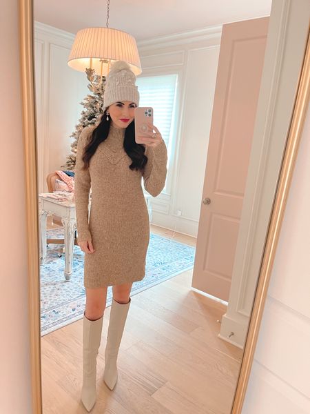 Cozy cute sweater dress for the holidays with a cute pearl beanie and beau teal leather knee high boots! All on sale from LOFT!

#LTKunder100 #LTKsalealert #LTKHoliday
