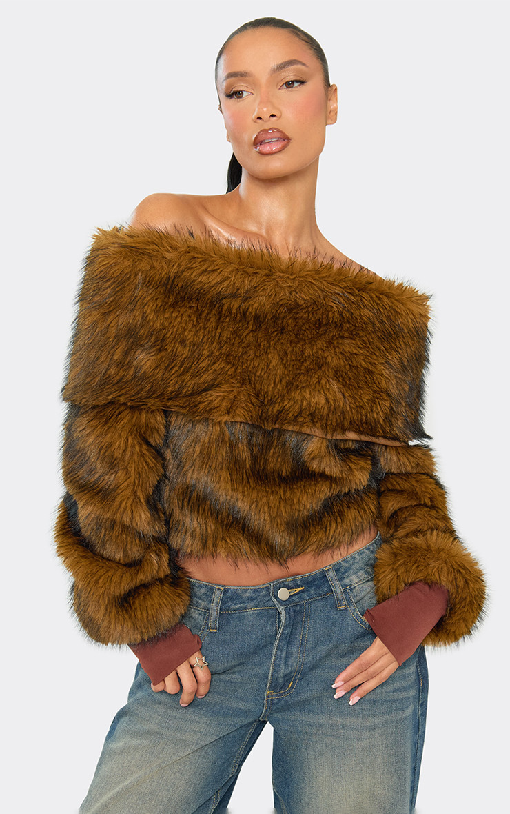 Off The Shoulder Top In Brown Faux Fur | EGO Shoes (US & Canada)