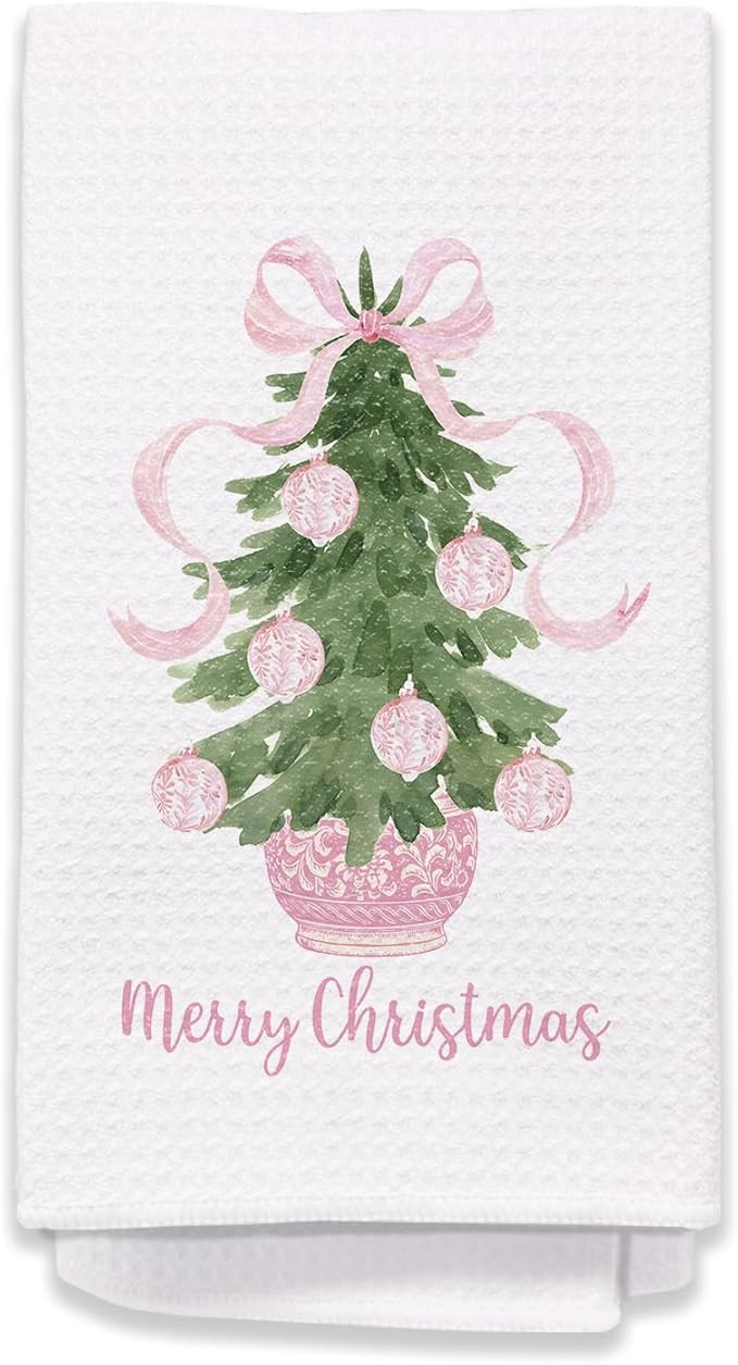 Pink Christmas Kitchen Towels, Chinoiserie Coquette Pink Bow Christmas Ball Tree Hand Towels, Pin... | Amazon (US)