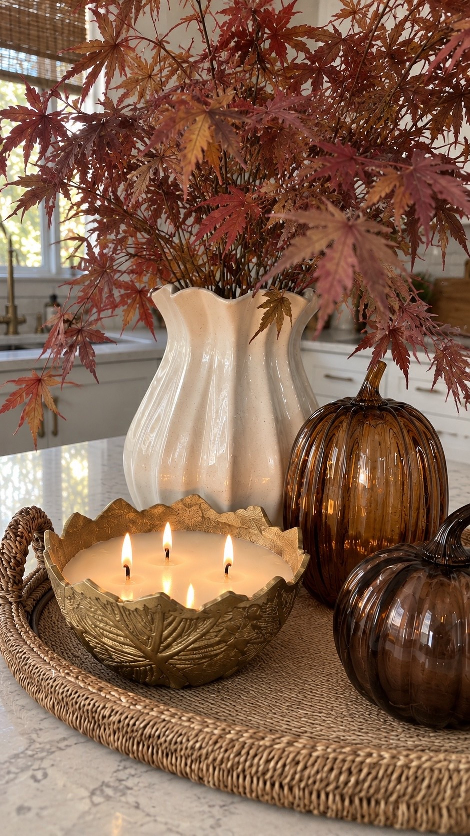 Creating a cozy fall kitchen one Target find at a time 🤎 This woven tray arrangement brings together warm glass, natural texture and autumn foliage for an elevated seasonal look.

#LTKSaleAlert #LTKSeasonal #LTKHome