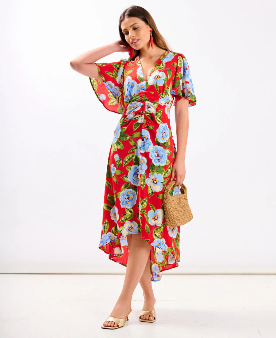 Red Oversize Floral Ruche Midi Dress | Needs No Label