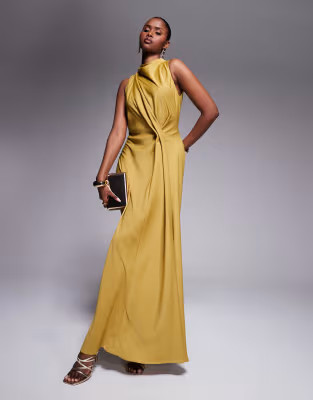 ASOS DESIGN high neck drape maxi satin dress with tucked detail in ochre | ASOS | ASOS (Global)