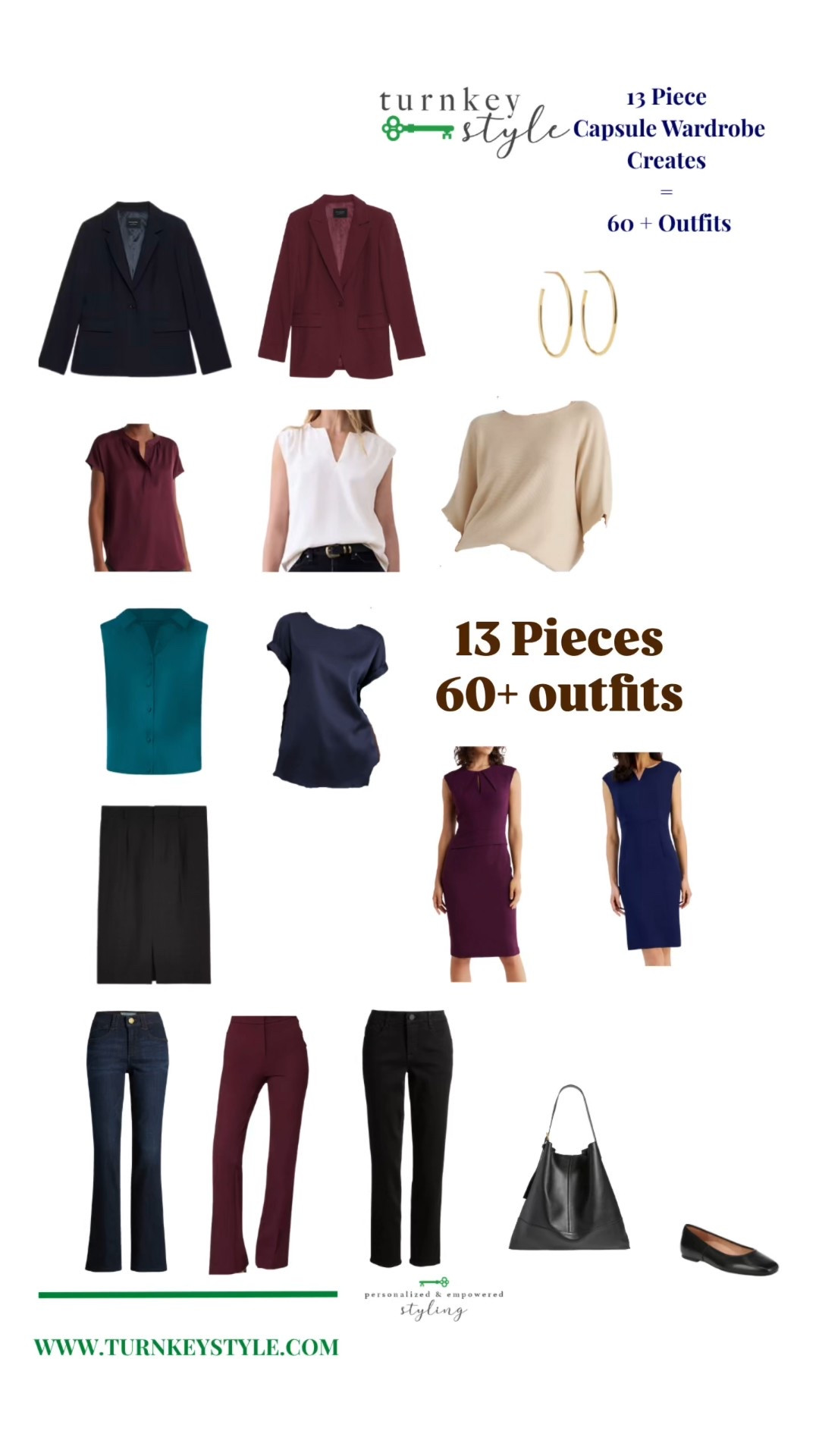 A capsule wardrobe, on a budget, includes 13 pieces that you can mix and match to create 60+ outfits.

This capsule wardrobe is a mix of business casual and business professional. All the pieces range from $40-$100 and total a little less than $1,000.

I created a similar capsule wardrobe for a client.

I am 55 year old mom of two boys/men, a wife, and woman in business who is 14/16 on the bottom, a L on top and I am 5’4”. 

#LTKSaleAlert #LTKMidsize #LTKWorkwear