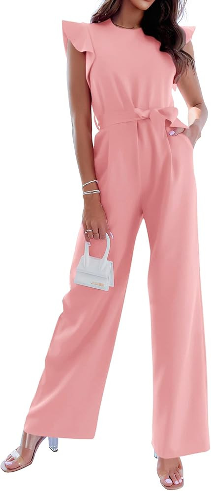 BTFBM Women Jumpsuits Crew Neck Ruffle Cap Sleeve Belted High Waist Wide Leg Romper with Pockets ... | Amazon (US)