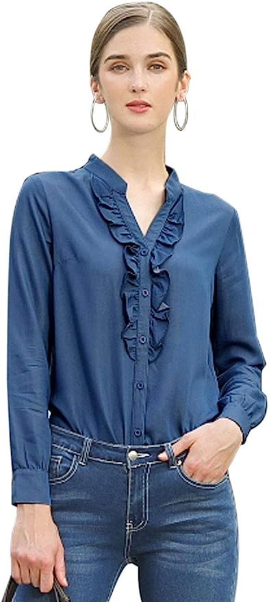 Allegra K Women's Office Ruffled Button Up Long Sleeves Top Chambray Blouse Shirt | Amazon (US)