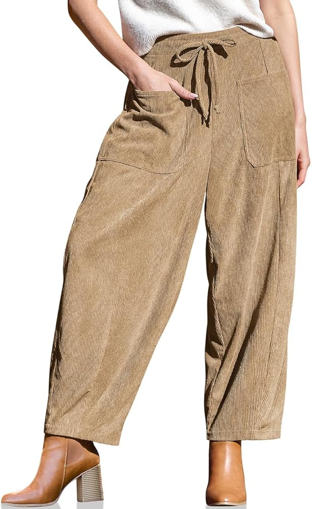 TARSE Women’s Corduroy Pants Baggy Wide Leg Pants Casual Elastic Waisted Palazzo Harem Pants wi... | Amazon (US)