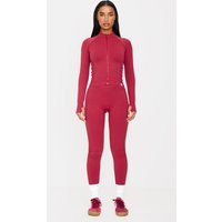 Dark Red Ribbed Detail Gym Leggings | PrettyLittleThing US