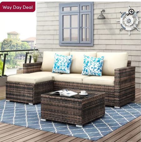 Wicker and upholstered cream cushion outdoor sofa and coffee table ottoman 

On sale at wayfair 
Outdoor furniture couch 

#LTKSaleAlert #LTKxWayDay #LTKHome
