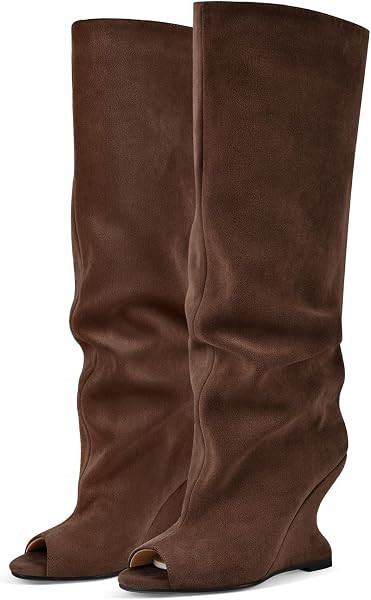 Women's Wedge Knee High Sandal Boots Peep Toe Slouchy Pull On High Heels | Amazon (US)