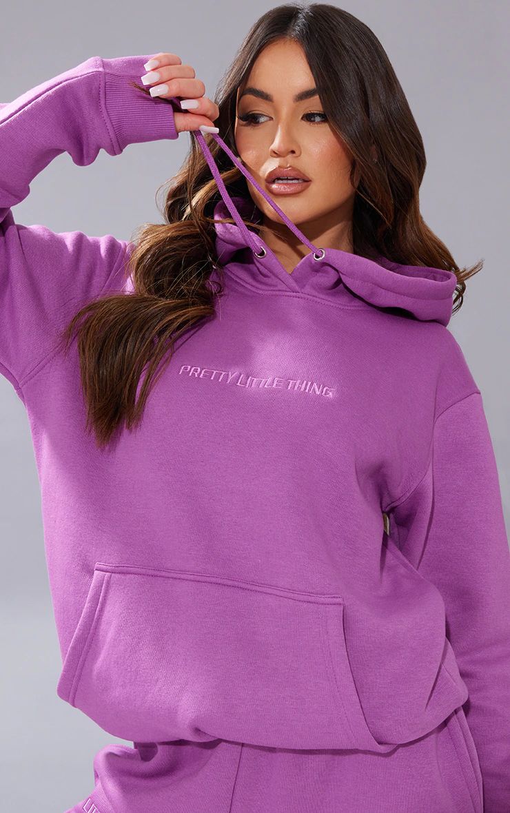 PRETTYLITTLETHING Purple Embroidered Graphic Hoodie | PrettyLittleThing US