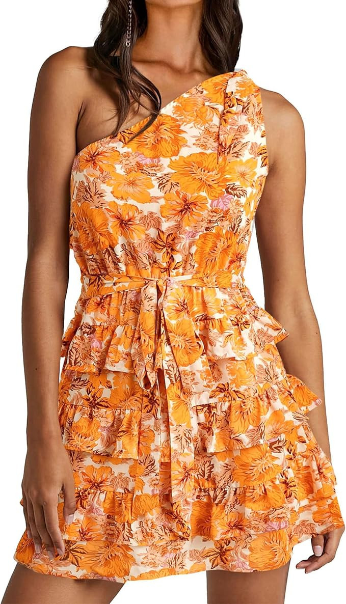 BTFBM Women One Shoulder Summer Dresses 2025 Floral Sundress High Waist Tiered A Line Mini Beach ... | Amazon (US)
