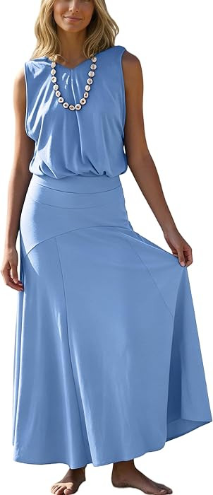 Summer Skirt Sets for Women Causal Matching Outfits V Neck Tank Top Elastic Low Waistband Loose A line Long Skirt | Amazon (US)