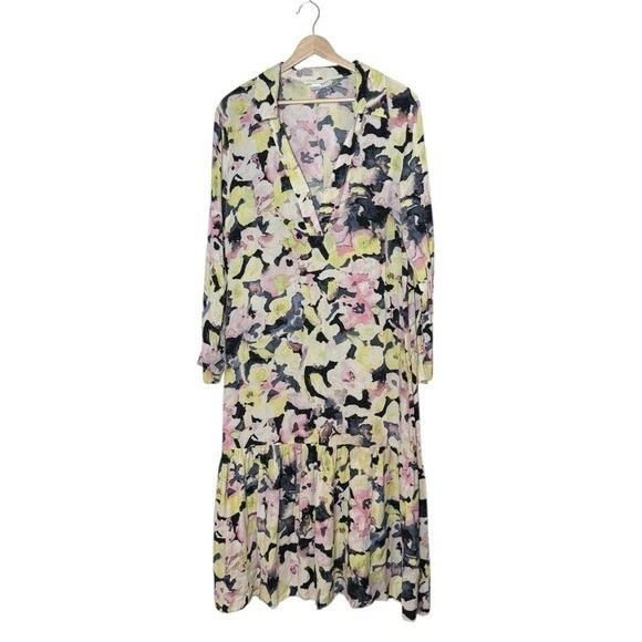 H&M Collared V Neck Long Sleeve Floral Flutter Hem Midi Dress Size M Yellow Pink | eBay US