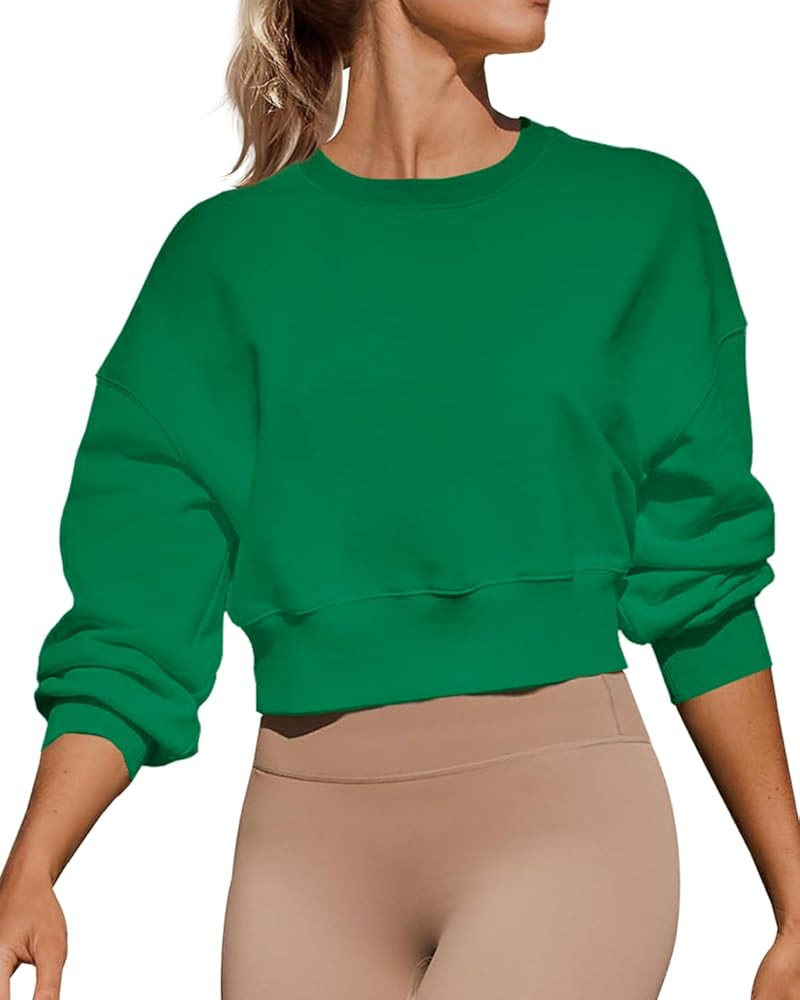 Women's Long Sleeve Round Neck Cropped Sweatshirts Cute Loose Fit Pullover Tops | Amazon (US)