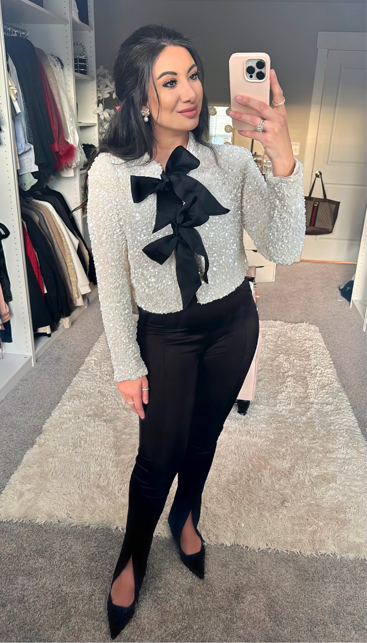 The viral H&M white sequin cardigan blouse with bow tie front ribbons 🎀 
