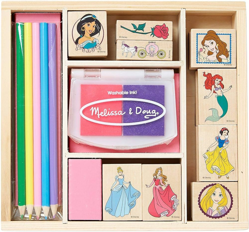 Melissa & Doug Disney Princess Wooden Stamp Set: 9 Stamps, 5 Colored Pencils, and 2-Color Stamp P... | Amazon (US)