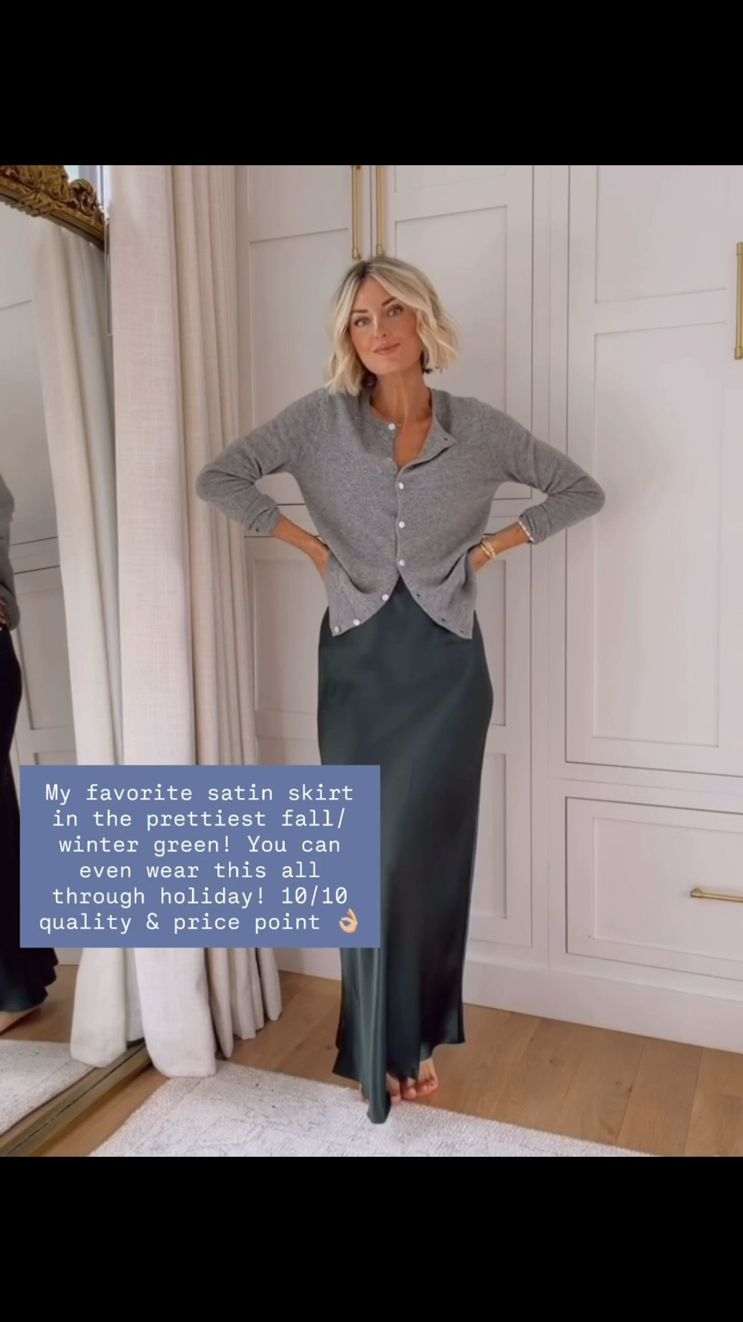 If you are looking for a satin skirt, I highly recommend getting it from @Quince ! They have so many great colors! This green is so pretty going into fall & holiday! Wearing S!

Loverly Grey, Quince, fall outfit, closet staples, cardigan, satin skirt, cashmere cardigan