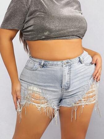 Plus Rhinestone Fringe Trim Stretch Denim Shorts | SHEIN