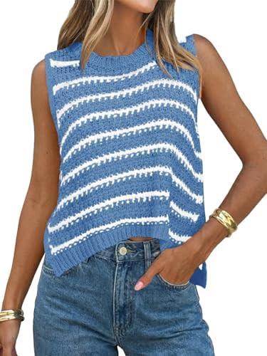 Saodimallsu Womens Sleeveless Striped Sweater Vest Crew Neck Summer Casual Side Split Knit Tank T... | Amazon (US)
