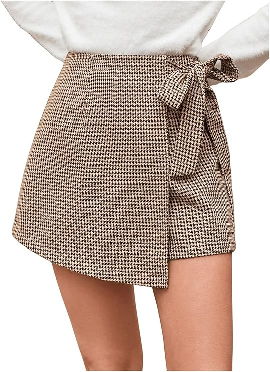 Floerns Women's Houndstooth Print Tie Front Skorts Asymmetrical Hem High Waist Skirt Shorts | Amazon (US)