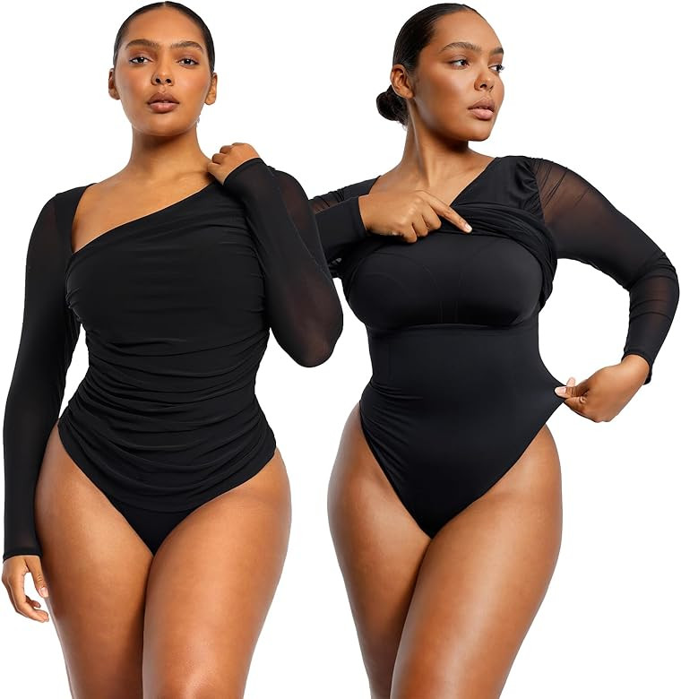 SHAPELLX Long Sleeve Bodysuit Tummy Control Shapewear Built in Bra 2 in 1 Bodysuit Tops Thong Ful... | Amazon (US)