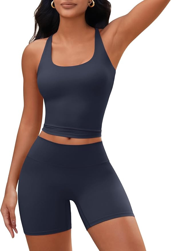 Aoysky Womens 2 Piece Workout Sets Cross Back Padded Halter Tank Tops High Waisted Biker Yoga Sho... | Amazon (US)