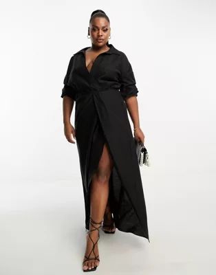 ASOS DESIGN Curve washed collar twist waist maxi dress with high split in black | ASOS (Global)