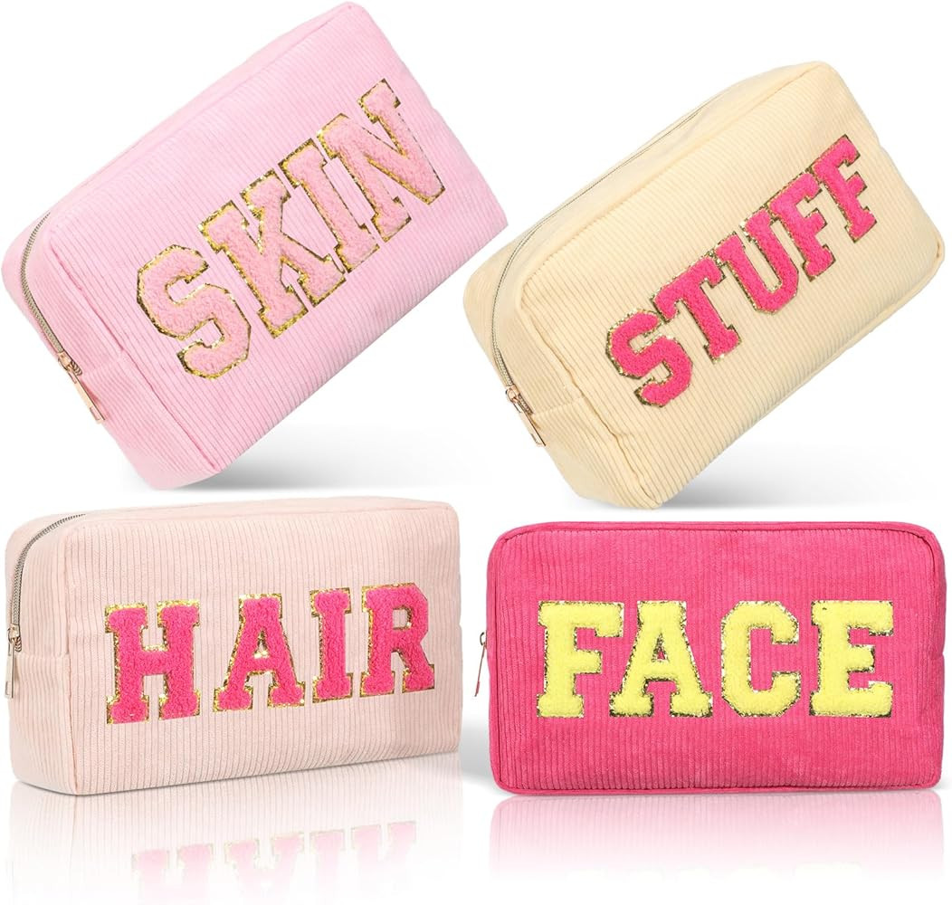 Pinkunn 4 Pcs Preppy Makeup Bags Chenille Letter Travel Organizer Face Skin Hair Stuff Corduroy C... | Amazon (US)