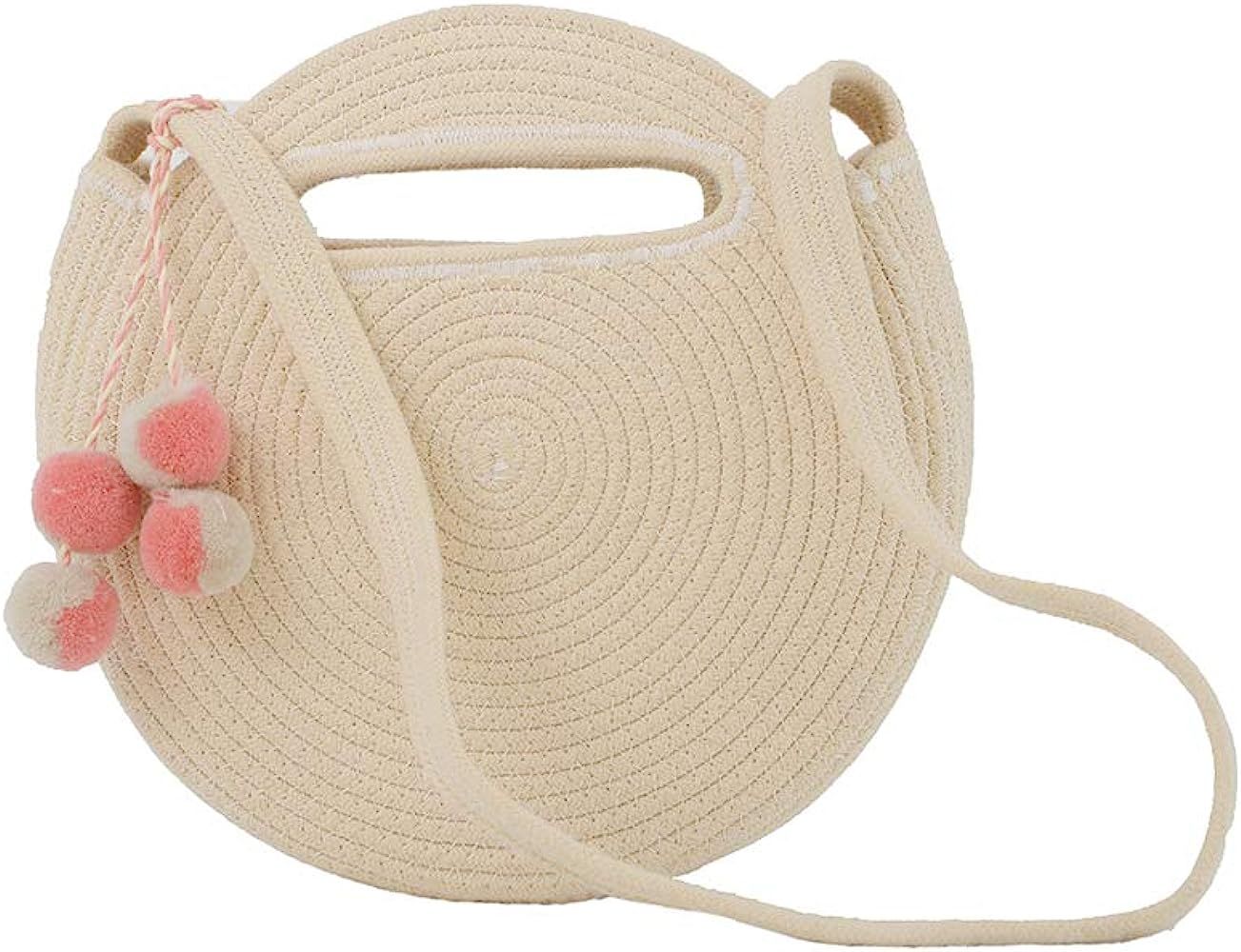 BEHIGHERQD Round Straw Bag Woven Bag Beach Cotton Shoulder Bag for Holiday Travel or Date (Beige) | Amazon (US)