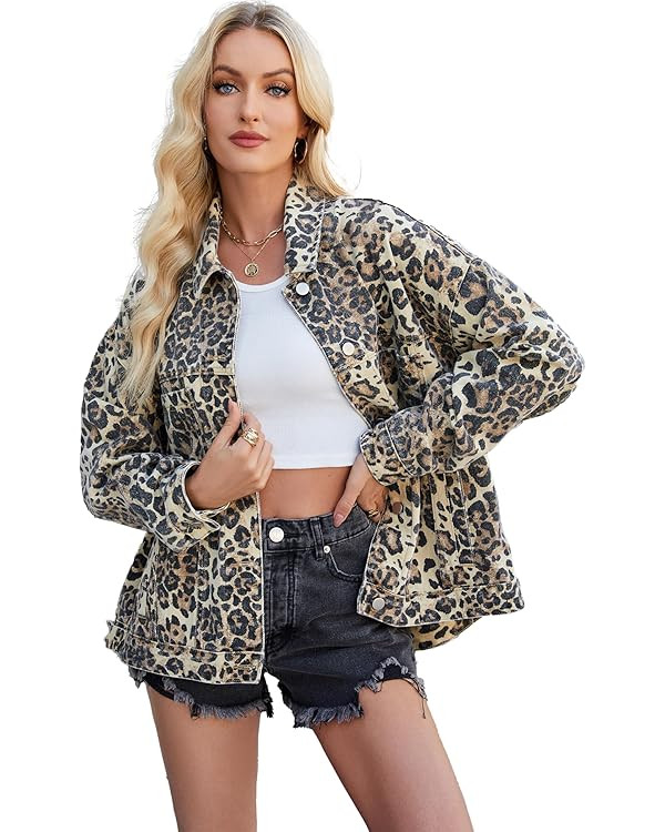 D-Sun Women Casual Denim Jacket Oversized Leopard Stars Printed Boyfriend Vintage Jean Jacket Coa... | Amazon (US)