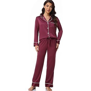 Serenedelicacy Women's Satin Pajama Set 2-Piece Sleepwear Loungewear Long Sleeve Button Down Silk... | Amazon (US)