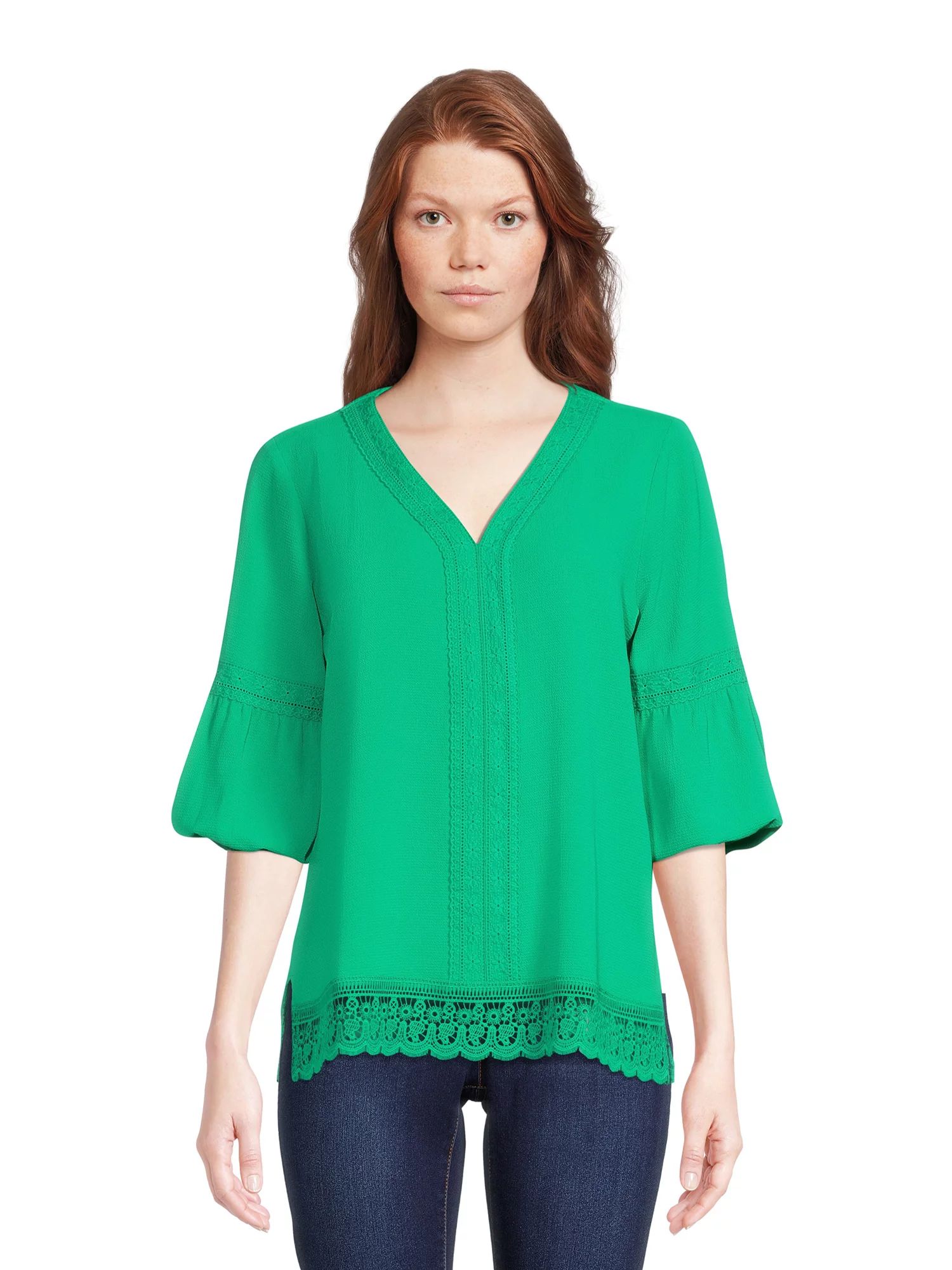 The Pioneer Woman 3/4 Sleeve Embroidered Front Peasant Top, Women's | Walmart (US)