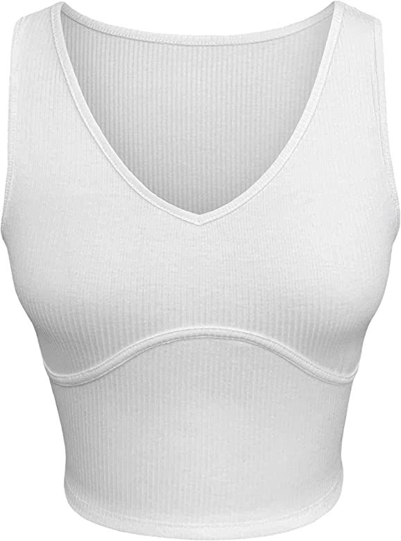 SINRGAN Women's Deep V Neck Basic Crop Tank Tops Sleeveless Ribbed Fitted Gym Sport Top | Amazon (US)