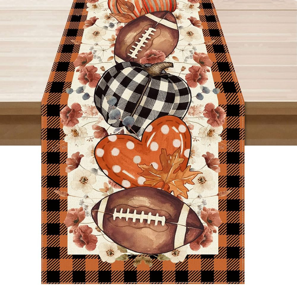 XCHI Fall Football Pumpkin Love Heart Flowers Plaid Table Runner Table Decoration for Kitchen Din... | Amazon (US)