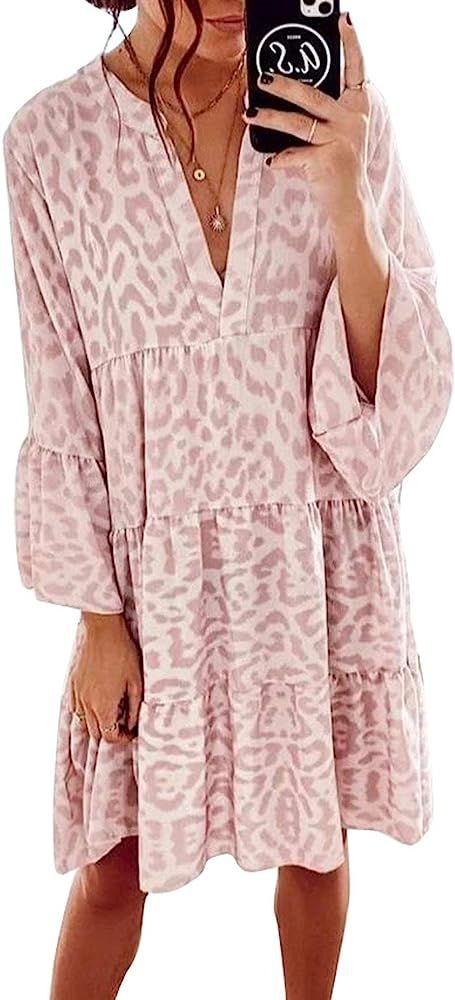 Womens Long Sleve Leopard Print Tunic Shirt Dress V Neck Casual Loose Flowy Swing Shift Dresses S... | Amazon (US)