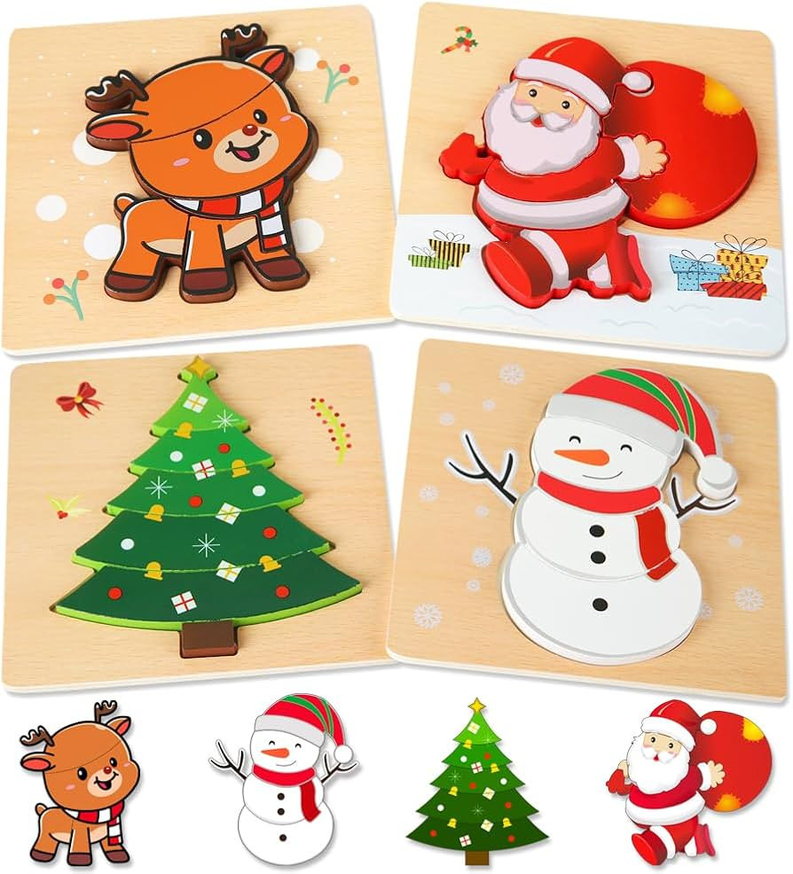 4 Pack Christmas Wooden Puzzles for Kids Toddlers 1-3 Christmas Stocking Stuffers Toys Party Favo... | Amazon (US)